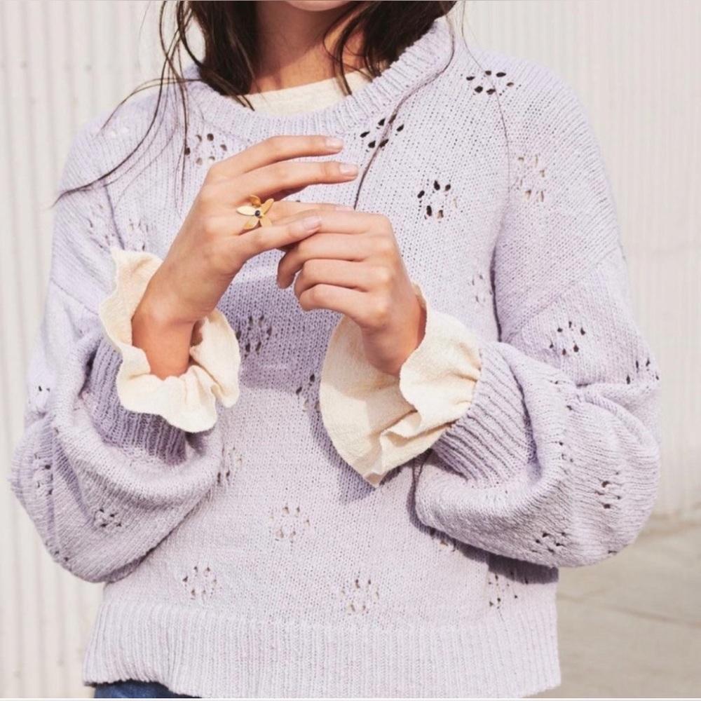 Madewell Floral Pointelle Pullover Sweater Lilac Purple Boxy Size Small